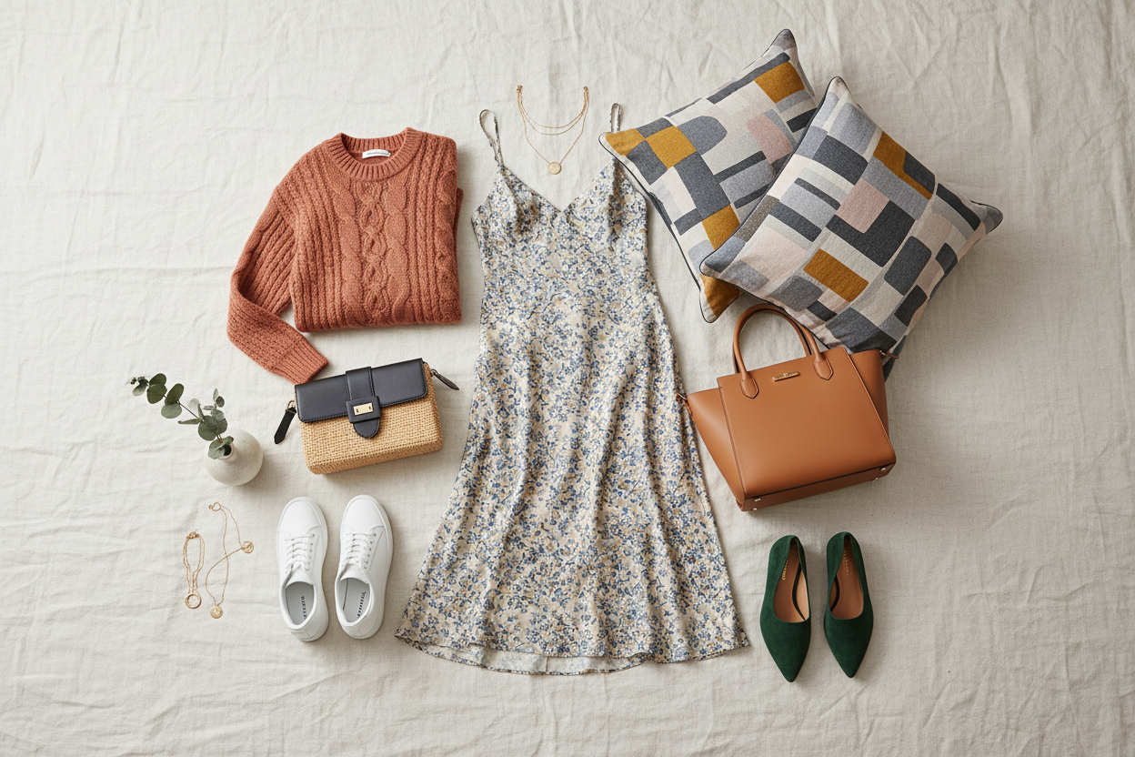 maak een foto voor me webshop met verschillende producten kleding kussens tassen schoenen 